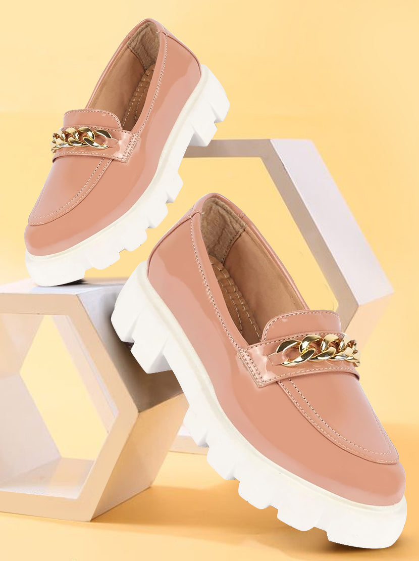 Shop Women Peach Patent Leather Shiny Chain Buckle Classic Casual Slip On Loafer Shoes Online.