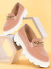 Women Peach Patent Leather Shiny Chain Buckle Classic Casual Slip On Loafer Shoes