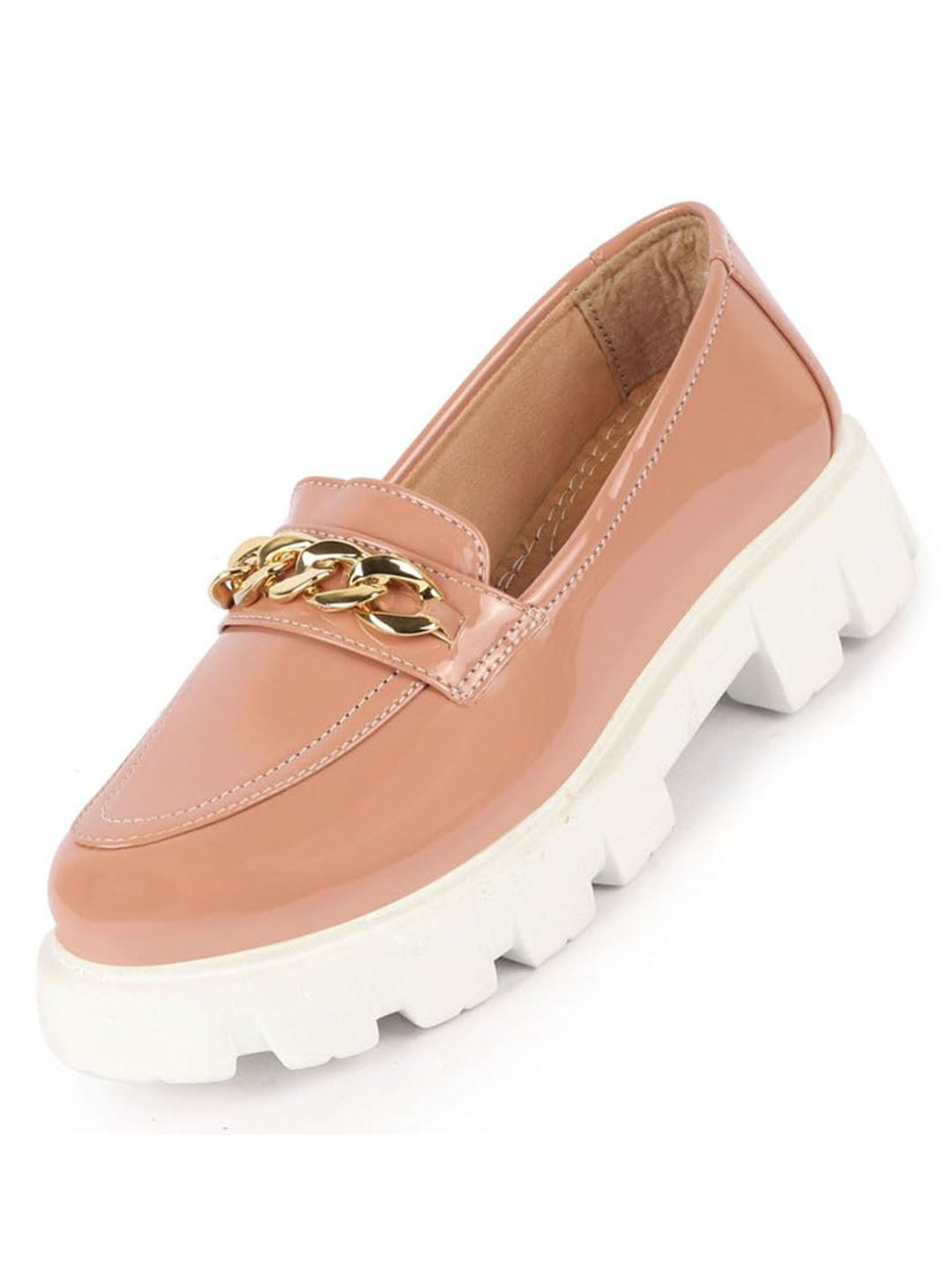 women peach patent leather shiny chain buckle classic casual slip on loafer shoes
