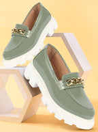 women pista green patent leather shiny chain buckle classic casual slip on loafer shoes