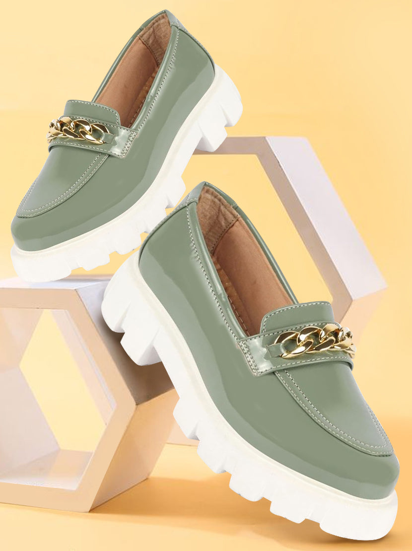 women pista green patent leather shiny chain buckle classic casual slip on loafer shoes