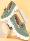 Women Pista Green Patent Leather Shiny Chain Buckle Classic Casual Slip On Loafer Shoes