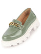 Women Pista Green Patent Leather Shiny Chain Buckle Classic Casual Slip On Loafer Shoes