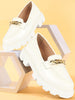 Women White Patent Leather Shiny Chain Buckle Classic Casual Slip On Loafer Shoes