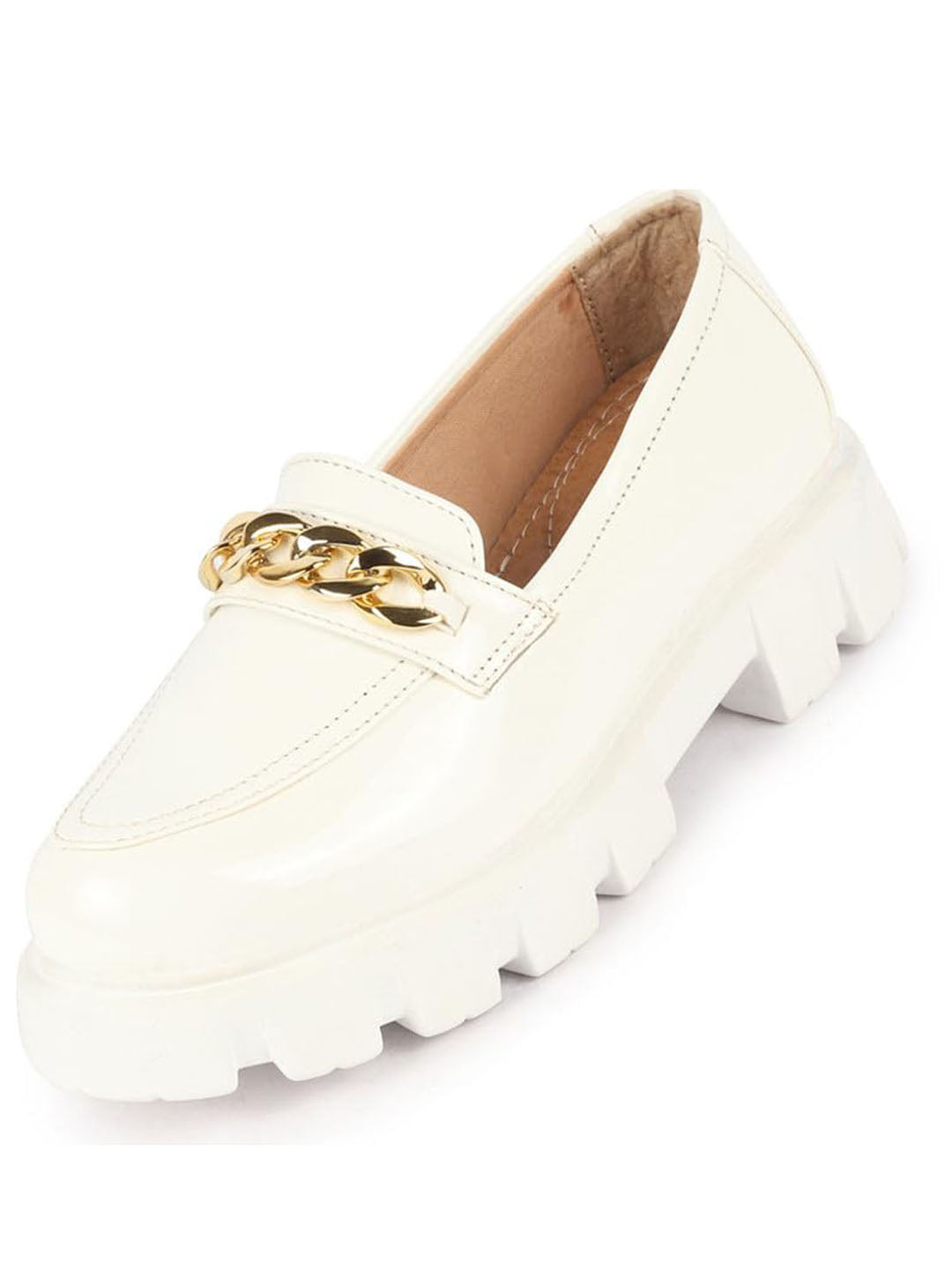 Shop Women White Patent Leather Shiny Chain Buckle Classic Casual Slip On Loafer Shoes Online.