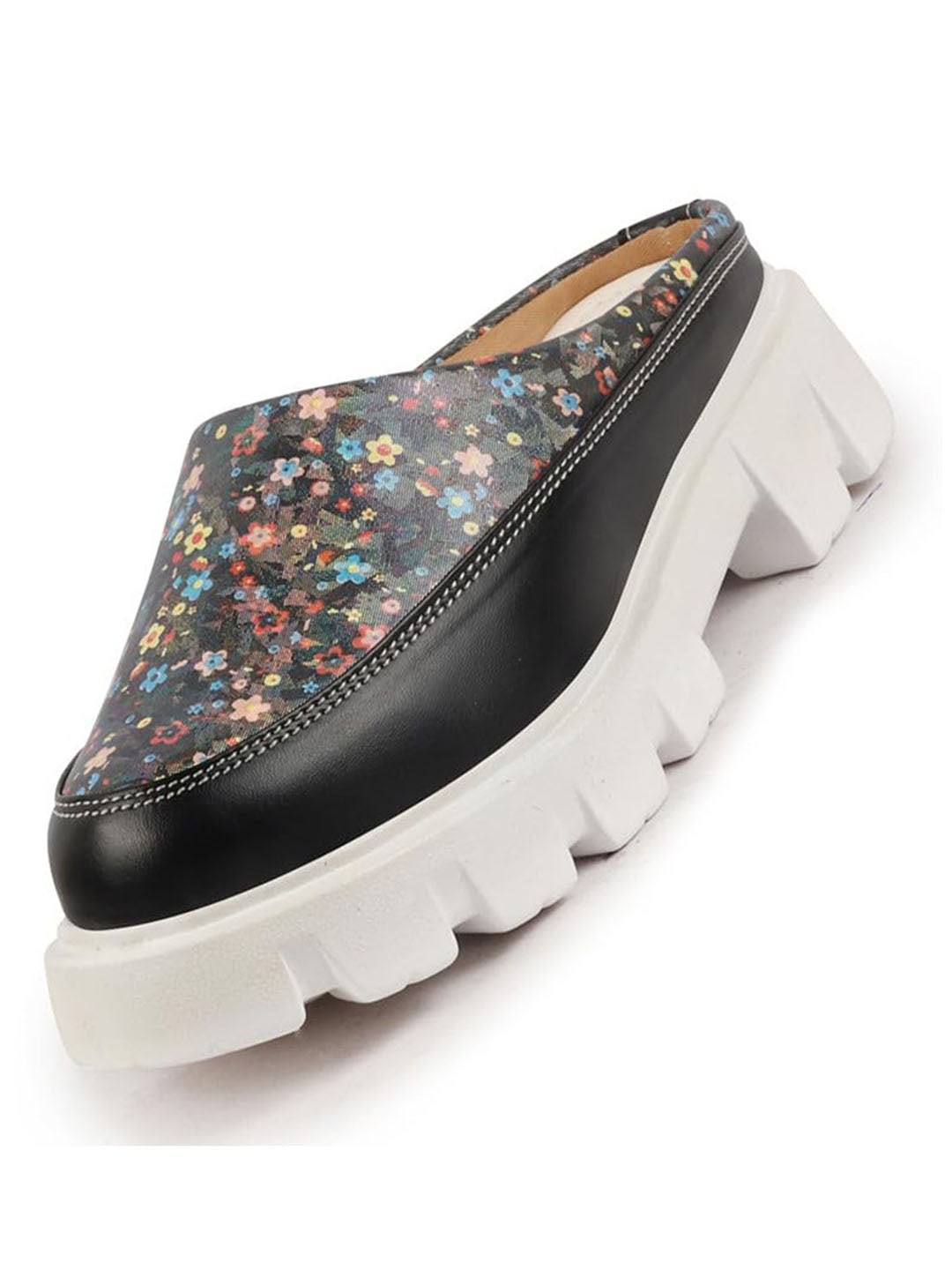 Shop Women Black Stiched Floral Print Back Open Height Enhancer Slip On Casual Shoes Online.