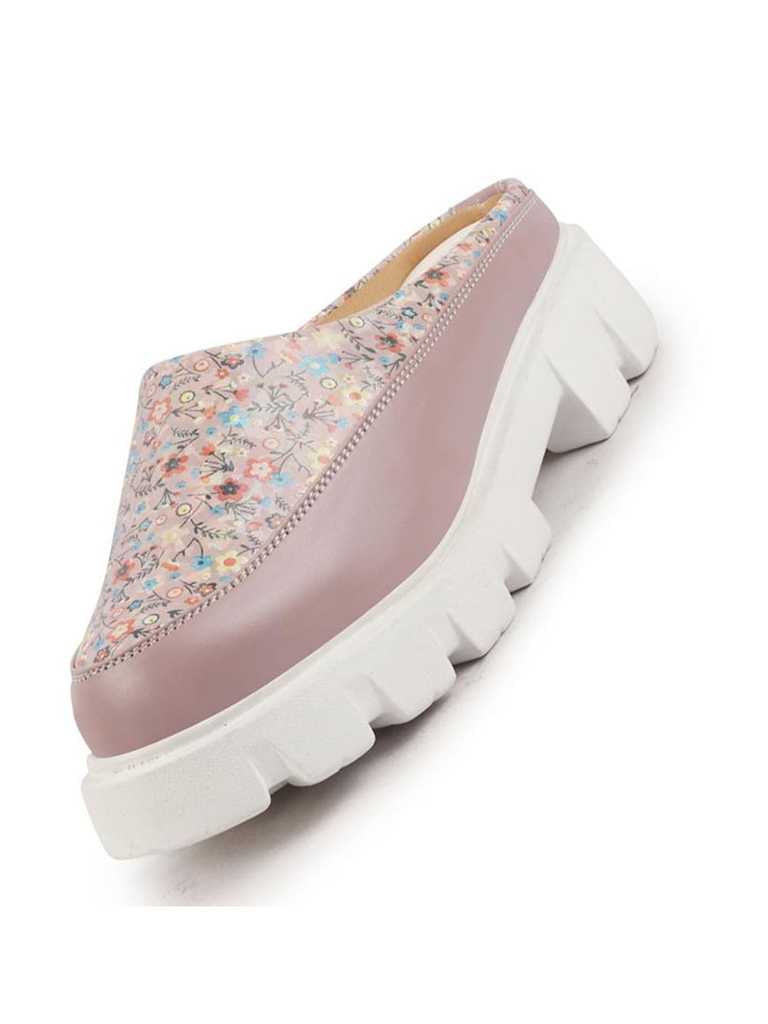 Shop Women Peach Stiched Floral Print Back Open Height Enhancer Slip On Casual Shoes Online.