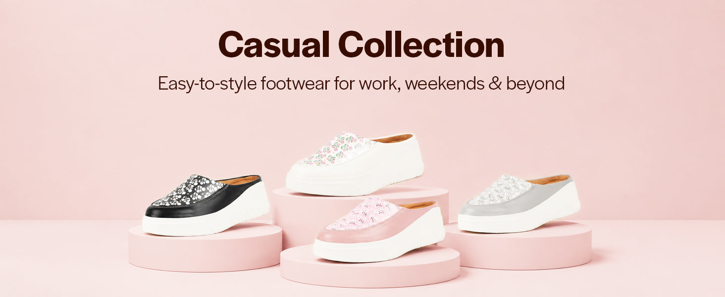 Women Black Stiched Floral Print Back Open Height Enhancer Flatform Heel Slip On Casual Shoes