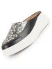 Women Black Stiched Floral Print Back Open Height Enhancer Flatform Heel Slip On Casual Shoes