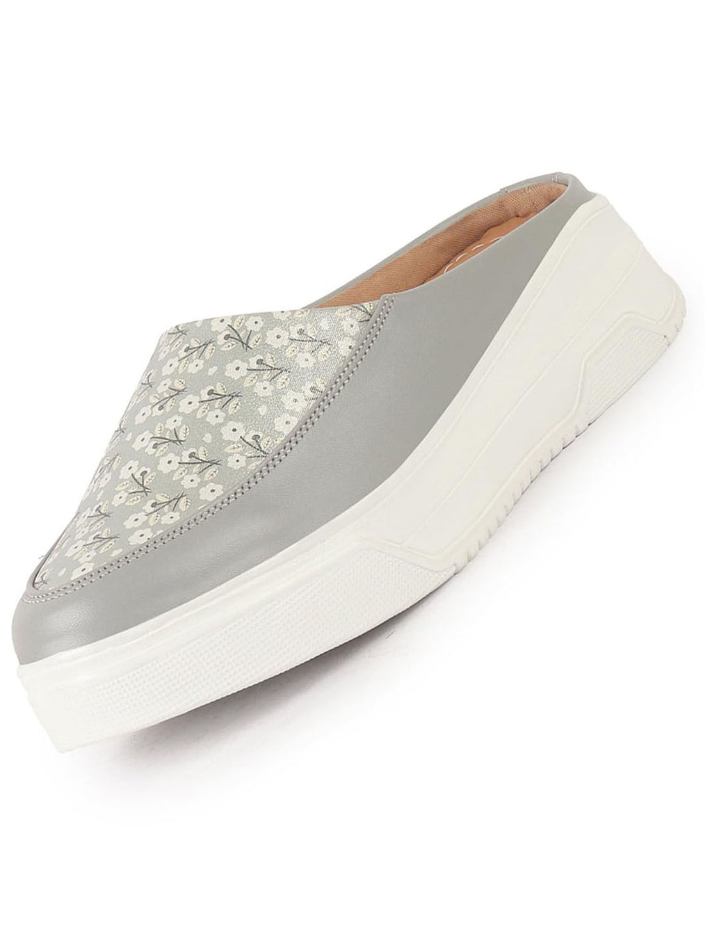 Women Grey Stiched Floral Print Back Open Height Enhancer Flatform Heel Slip On Casual Shoes