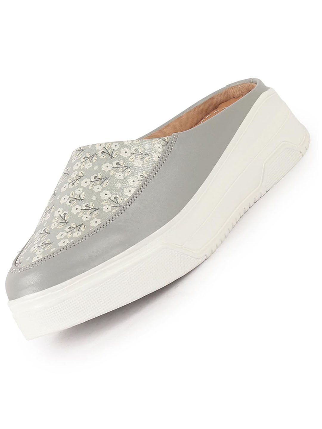 Women Grey Stiched Floral Print Back Open Height Enhancer Flatform Heel Slip On Casual Shoes