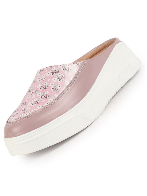 Shop Women Peach Stiched Floral Print Back Open Height Enhancer Flatform Heel Slip On Casual Shoes Online.