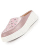 Women Peach Stiched Floral Print Back Open Height Enhancer Flatform Heel Slip On Casual Shoes