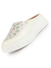 Women White Stiched Floral Print Back Open Height Enhancer Flatform Heel Slip On Casual Shoes
