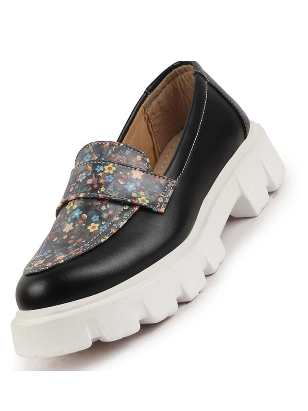 Women Black Stiched Floral Print Classic Weekend Party Slip On Casual Shoes