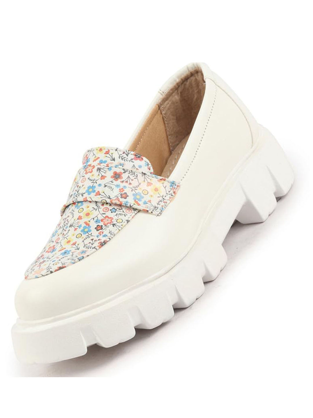 Women White Stiched Floral Print Classic Weekend Party Slip On Casual Shoes