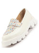 Women White Stiched Floral Print Classic Weekend Party Slip On Casual Shoes