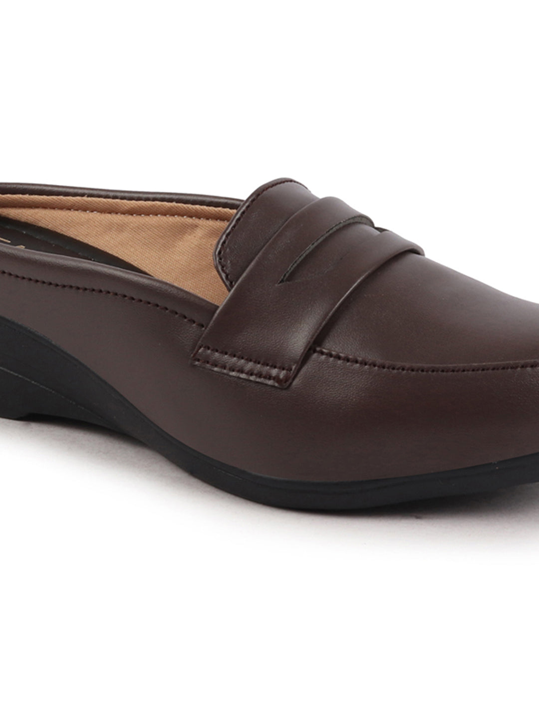 Shop Women Brown Formal Back Open Platform Wedge Heel Slip On Loafer Shoes Online.