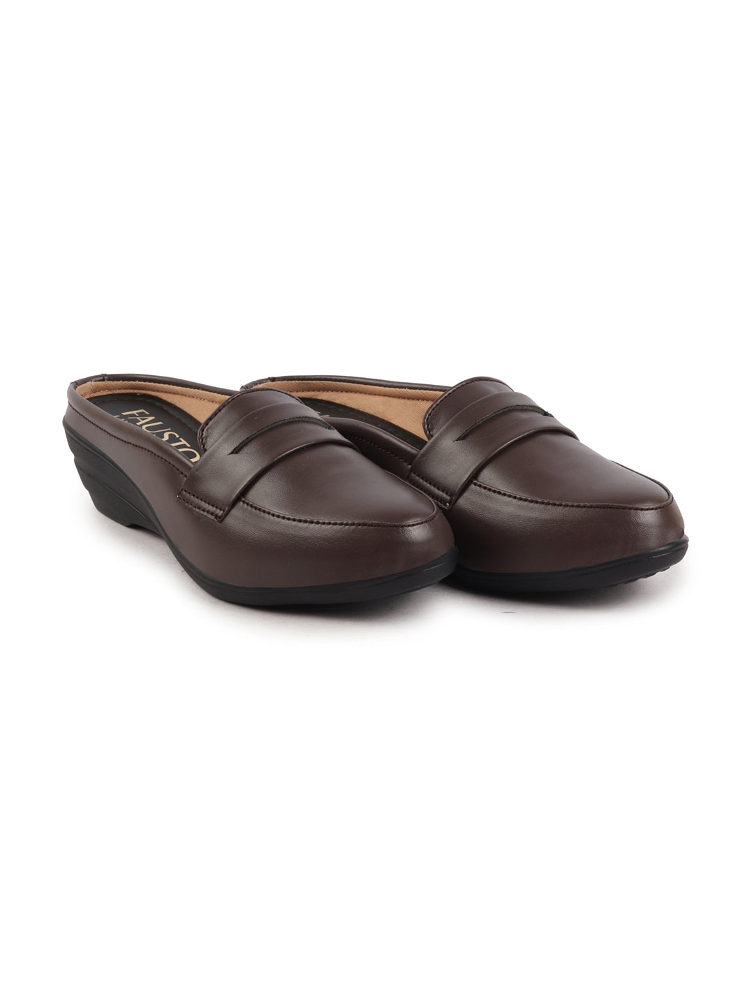 Shop Women Brown Formal Back Open Platform Wedge Heel Slip On Loafer Shoes Online.