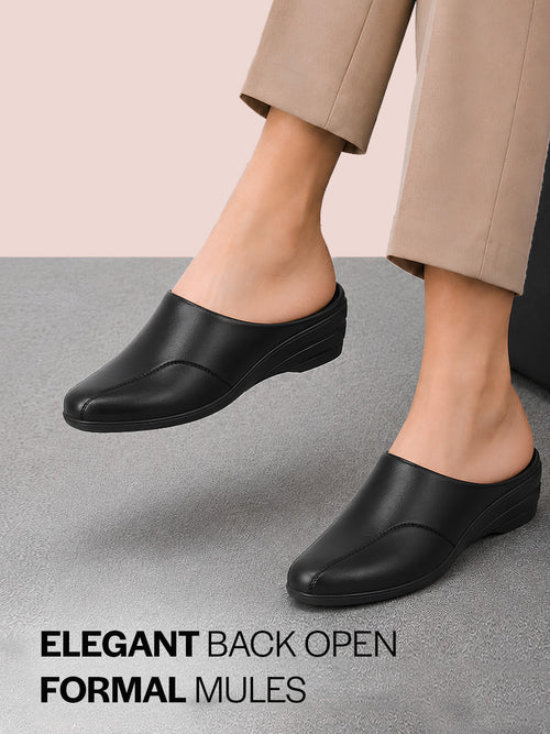 Shop Women Black Formal Back Open Platform Wedge Heel Slip On Mule Shoes Online.
