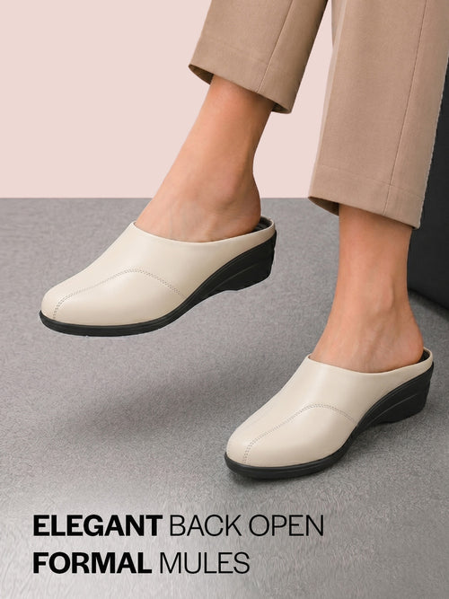 Shop Women Cream Formal Back Open Platform Wedge Heel Slip On Mule Shoes Online.