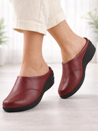 Women Maroon Formal Back Open Platform Wedge Heel Slip On Mule Shoes