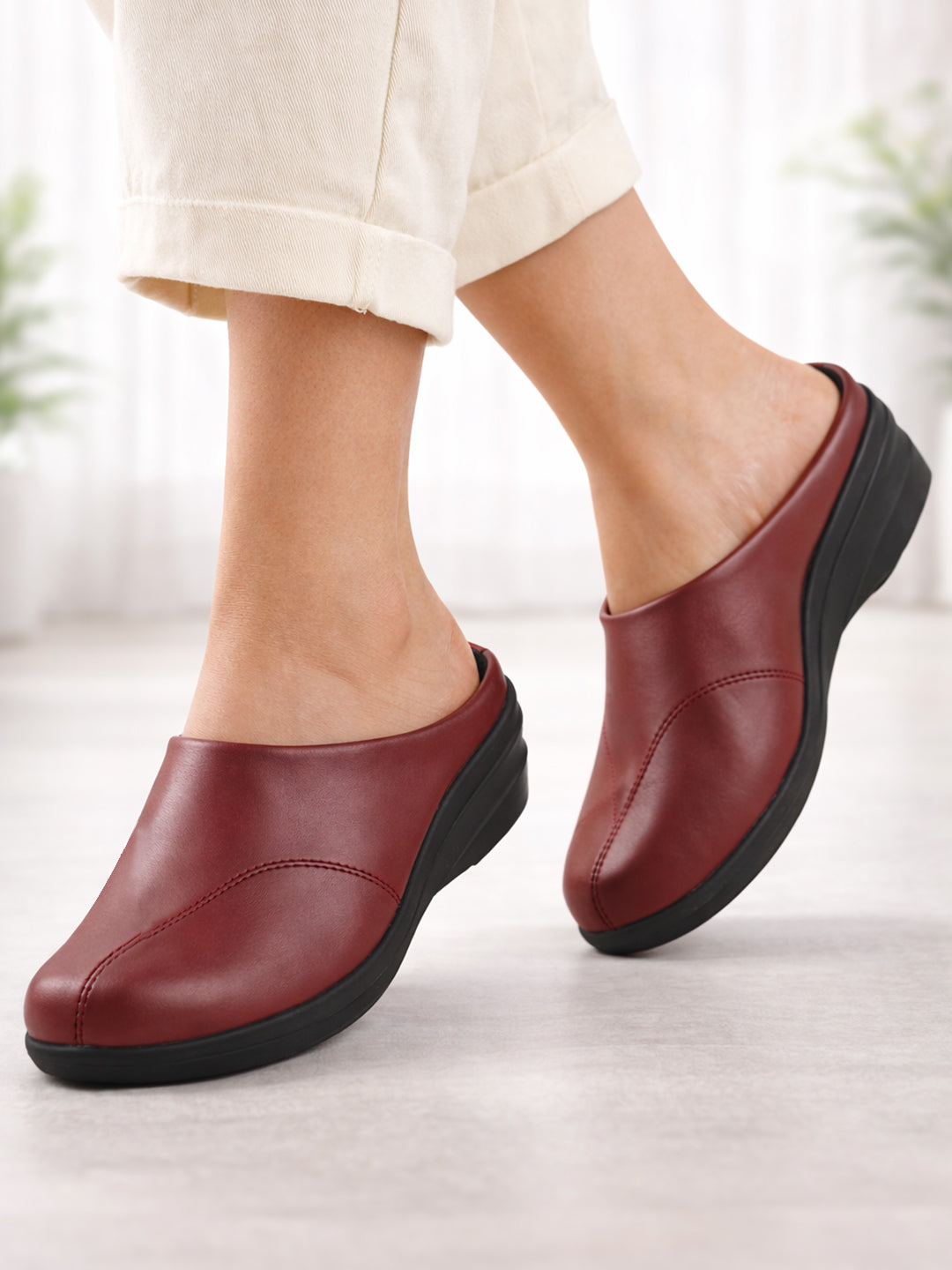 Women Maroon Formal Back Open Platform Wedge Heel Slip On Mule Shoes