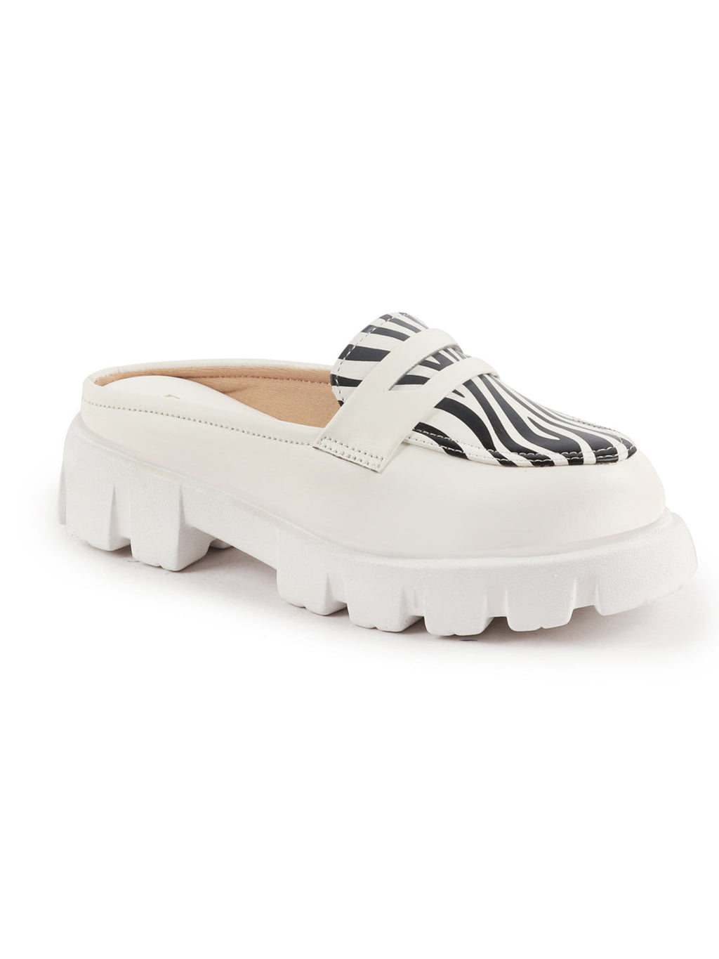Shop Women White Stiched Zebra Striped Print Back Open Party Slip On Casual Shoes Online.