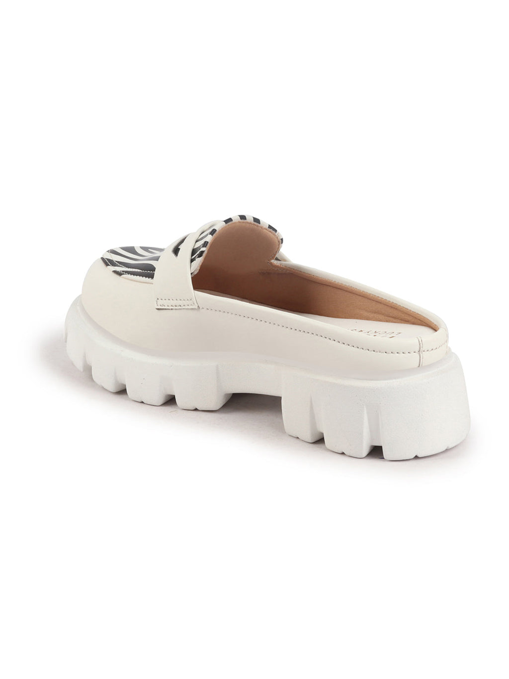 Shop Women White Stiched Zebra Striped Print Back Open Party Slip On Casual Shoes Online.