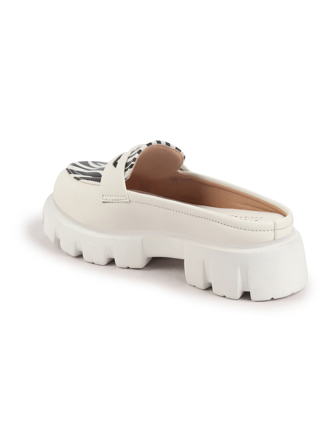 Shop Women White Stiched Zebra Striped Print Back Open Party Slip On Casual Shoes Online.