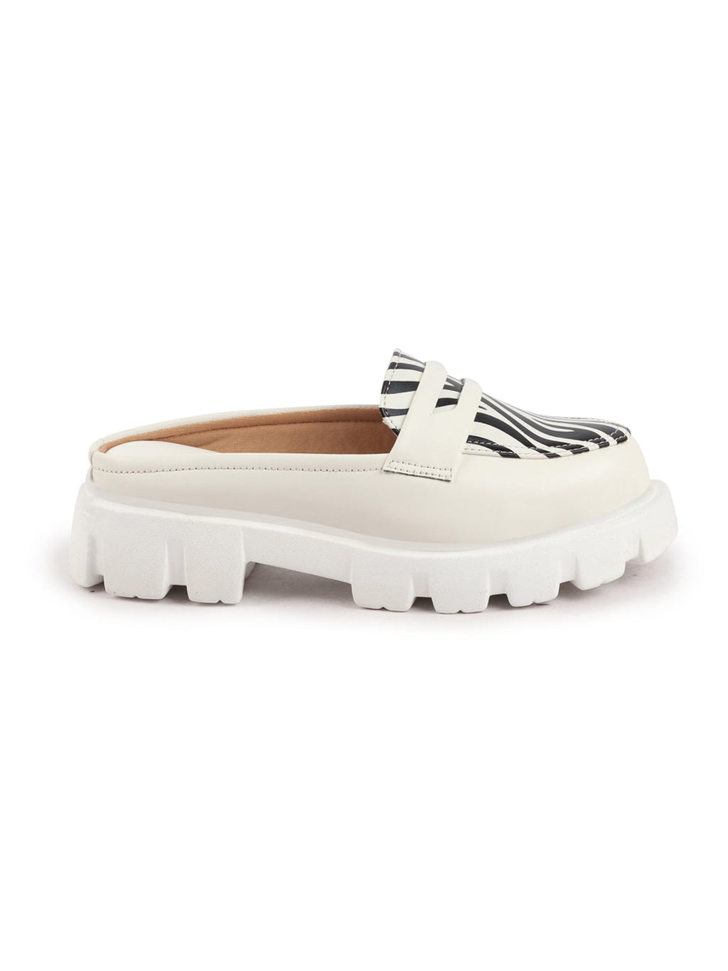 Shop Women White Stiched Zebra Striped Print Back Open Party Slip On Casual Shoes Online.