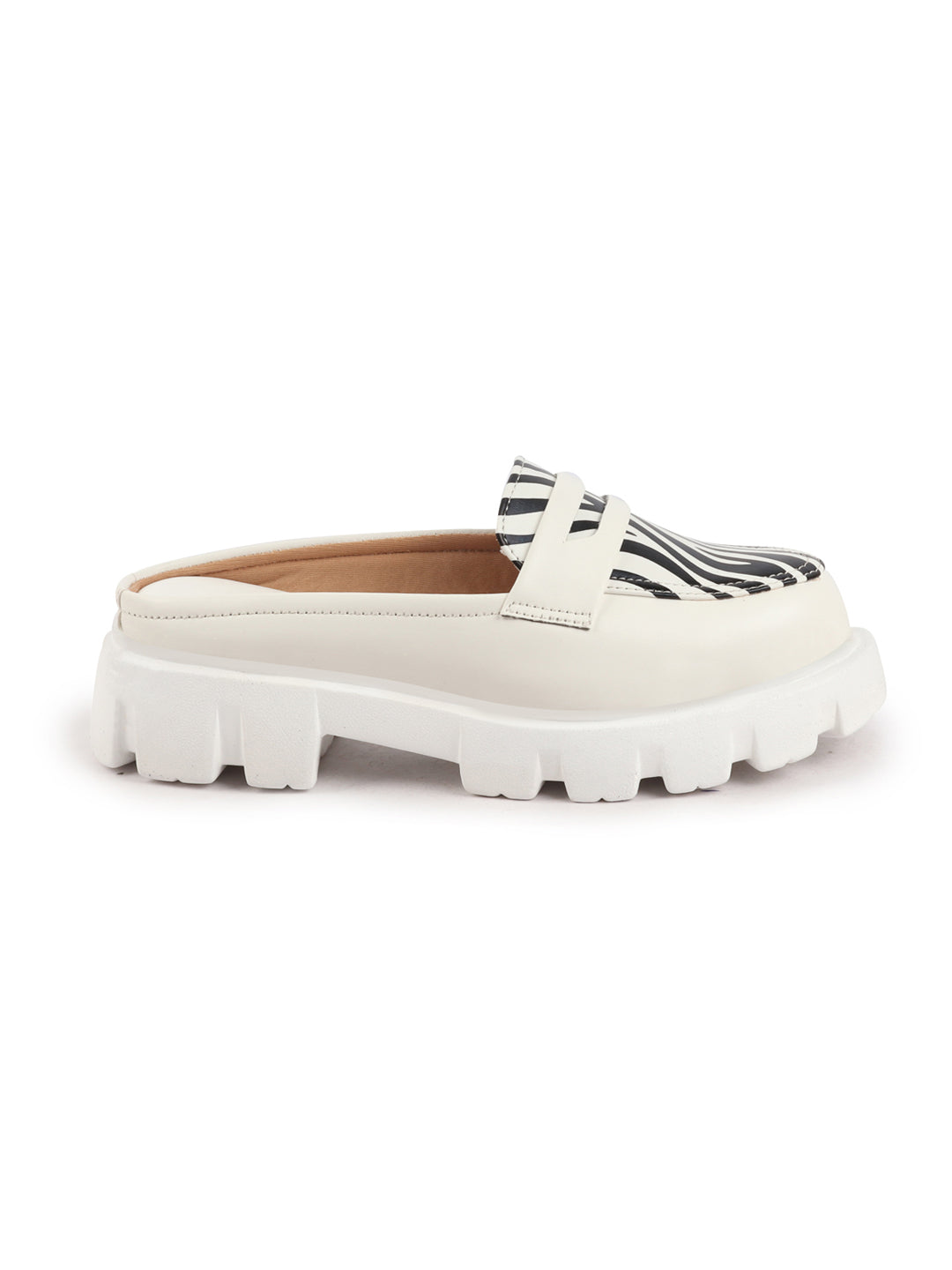 Shop Women White Stiched Zebra Striped Print Back Open Party Slip On Casual Shoes Online.
