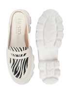 Shop Women White Stiched Zebra Striped Print Back Open Party Slip On Casual Shoes Online.