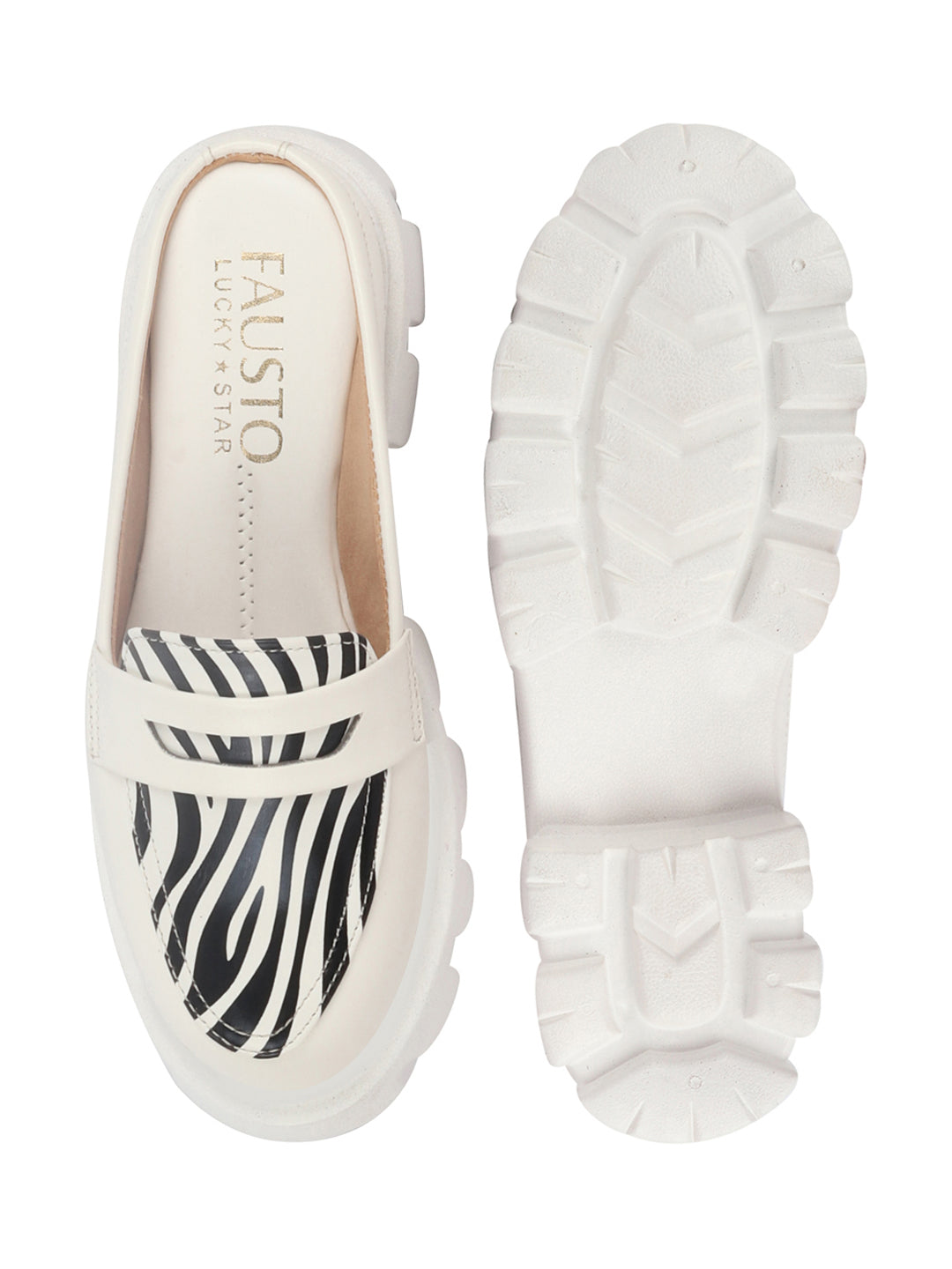 Shop Women White Stiched Zebra Striped Print Back Open Party Slip On Casual Shoes Online.