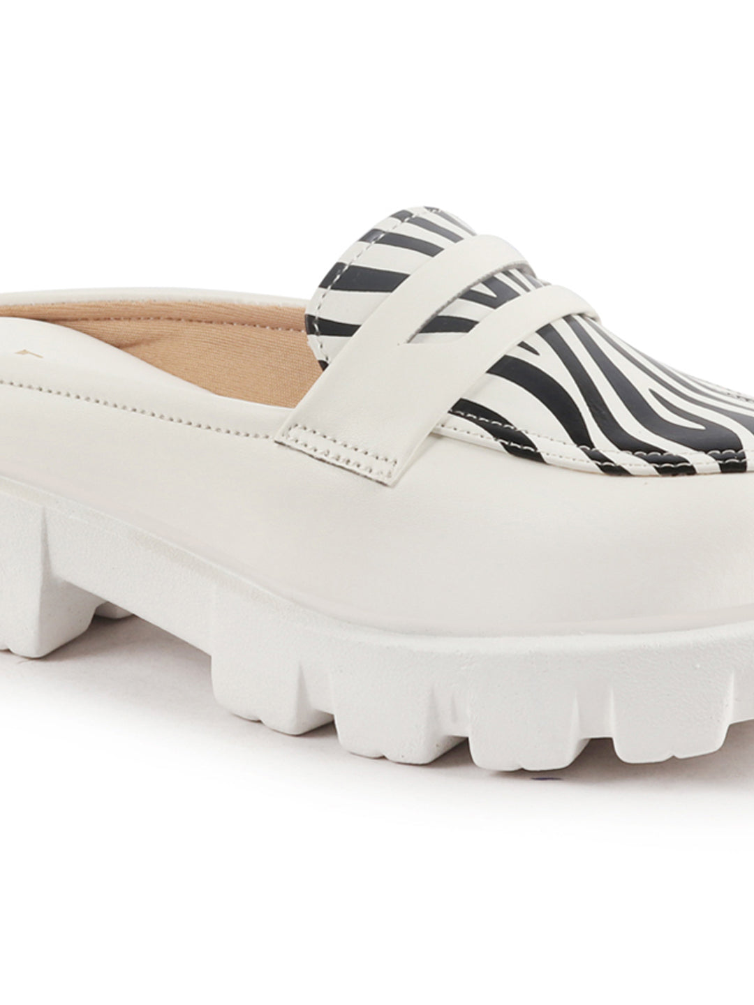 Shop Women White Stiched Zebra Striped Print Back Open Party Slip On Casual Shoes Online.