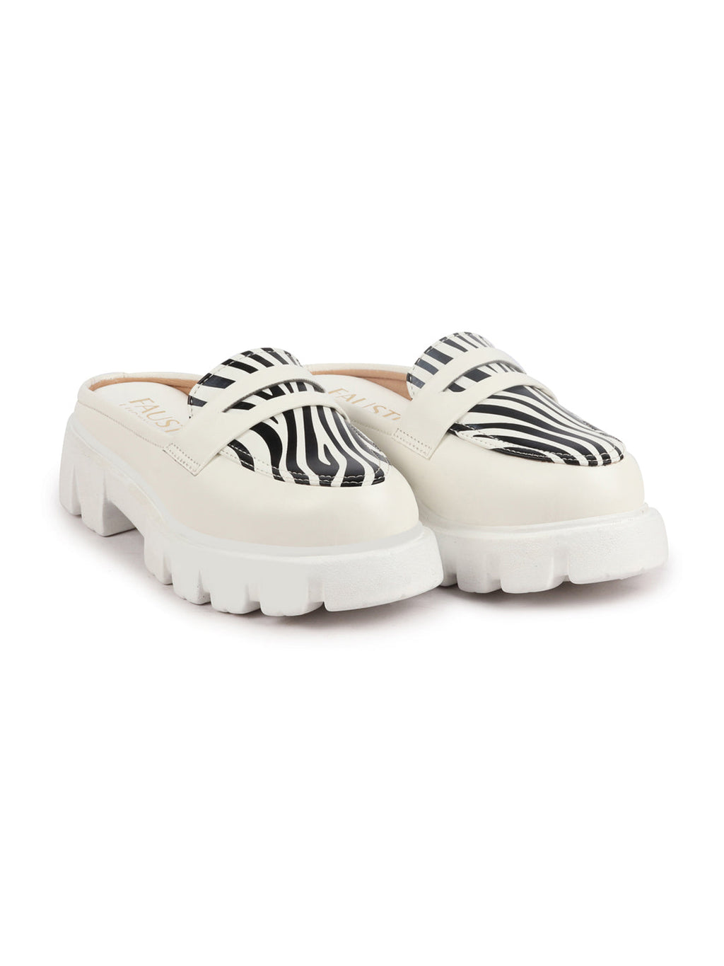 Shop Women White Stiched Zebra Striped Print Back Open Party Slip On Casual Shoes Online.