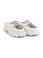 Shop Women White Stiched Zebra Striped Print Back Open Party Slip On Casual Shoes Online.