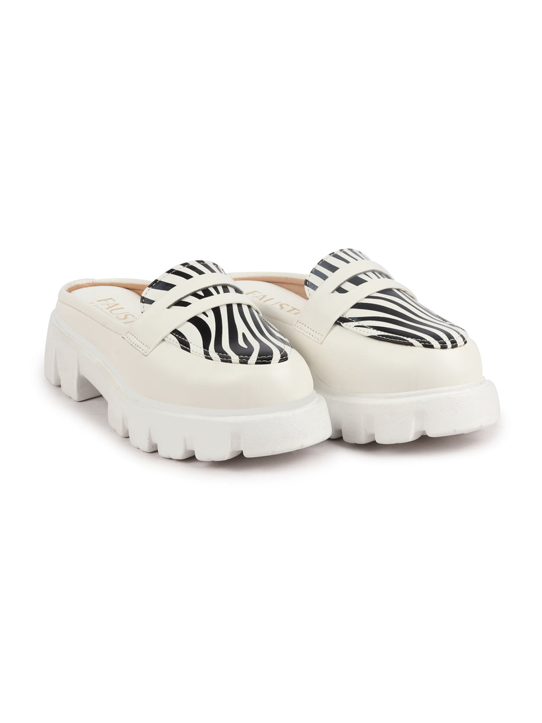 Shop Women White Stiched Zebra Striped Print Back Open Party Slip On Casual Shoes Online.