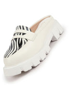 women white stiched zebra striped print back open party slip on casual shoes