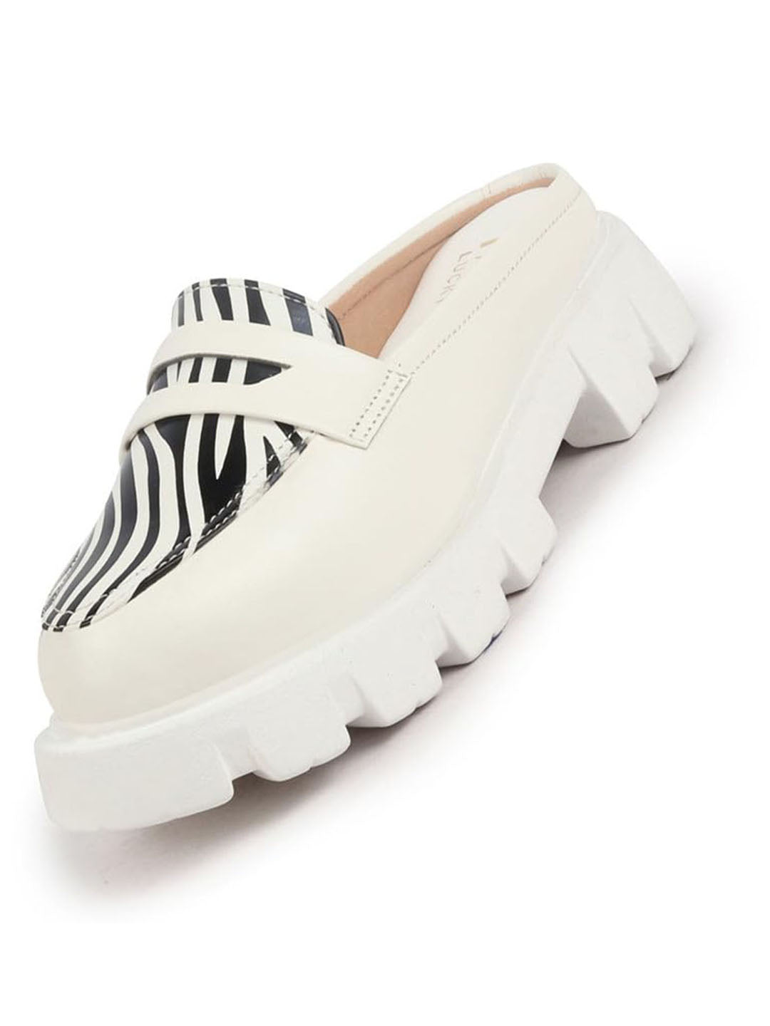 women white stiched zebra striped print back open party slip on casual shoes
