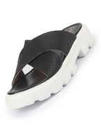 Shop FAUSTO Women Black Open Toe Cross Strap Textured Slip On Platform Heel Sandal With Cushioned Footbed|Height Enhancer Slippers Online.