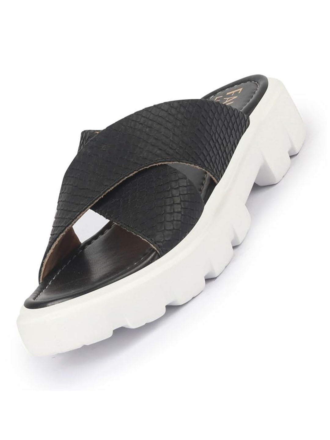 Shop FAUSTO Women Black Open Toe Cross Strap Textured Slip On Platform Heel Sandal With Cushioned Footbed|Height Enhancer Slippers Online.