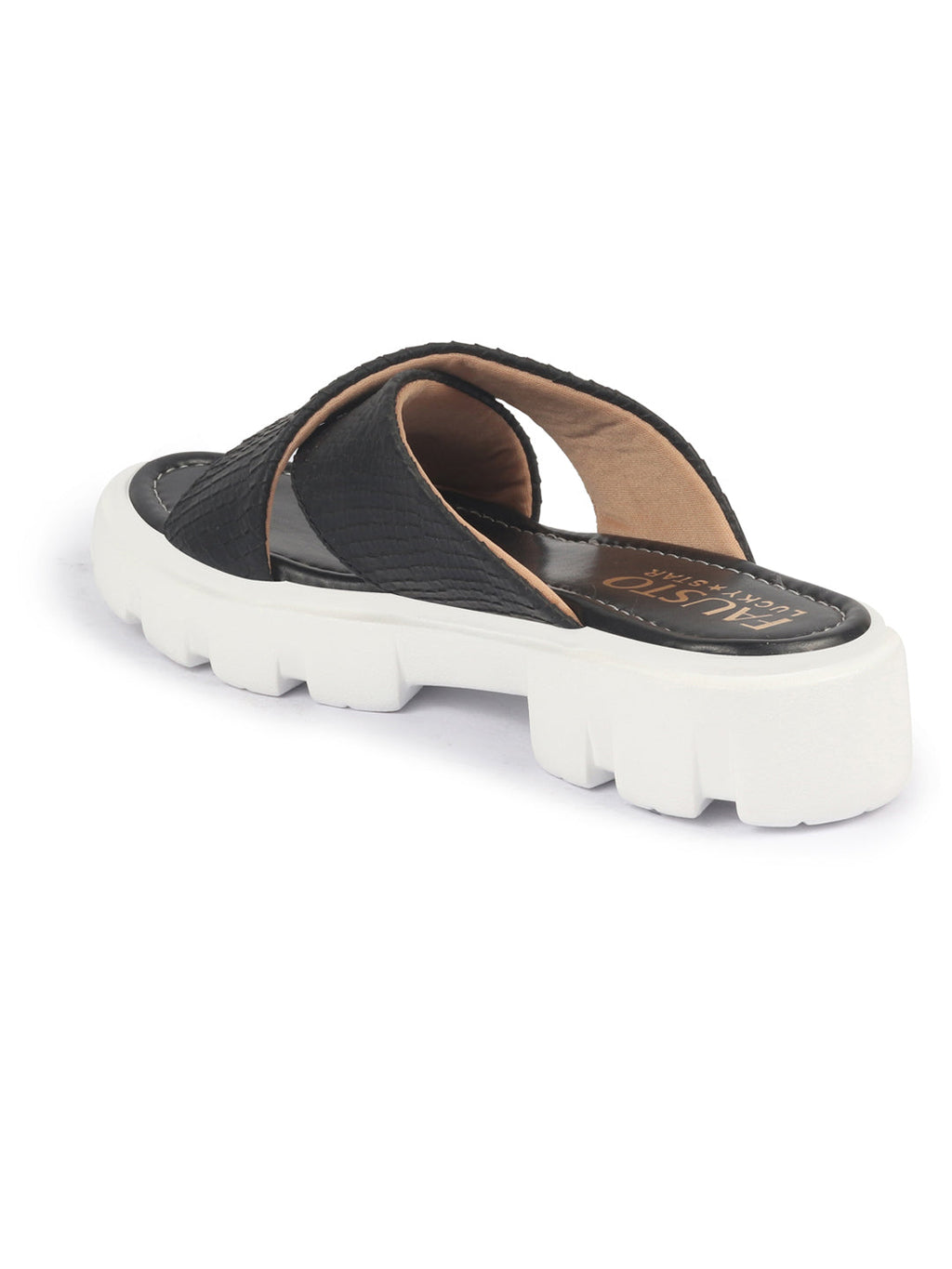Shop FAUSTO Women Black Open Toe Cross Strap Textured Slip On Platform Heel Sandal With Cushioned Footbed|Height Enhancer Slippers Online.