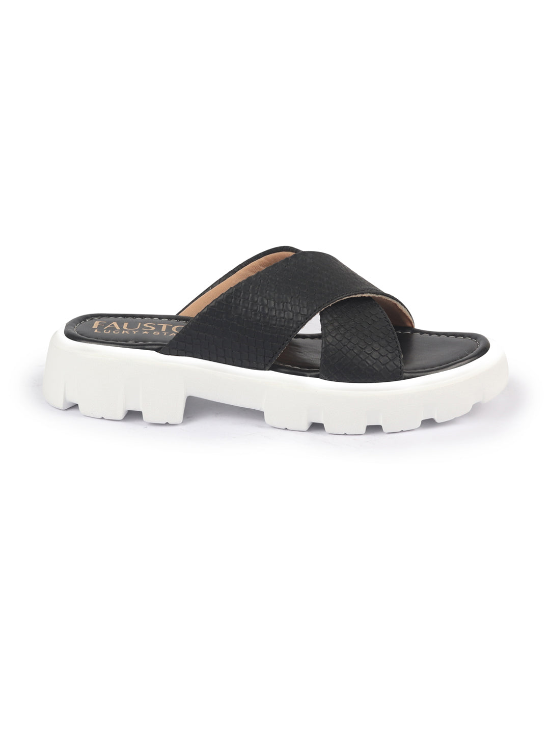 Shop FAUSTO Women Black Open Toe Cross Strap Textured Slip On Platform Heel Sandal With Cushioned Footbed|Height Enhancer Slippers Online.