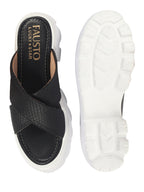 Shop FAUSTO Women Black Open Toe Cross Strap Textured Slip On Platform Heel Sandal With Cushioned Footbed|Height Enhancer Slippers Online.
