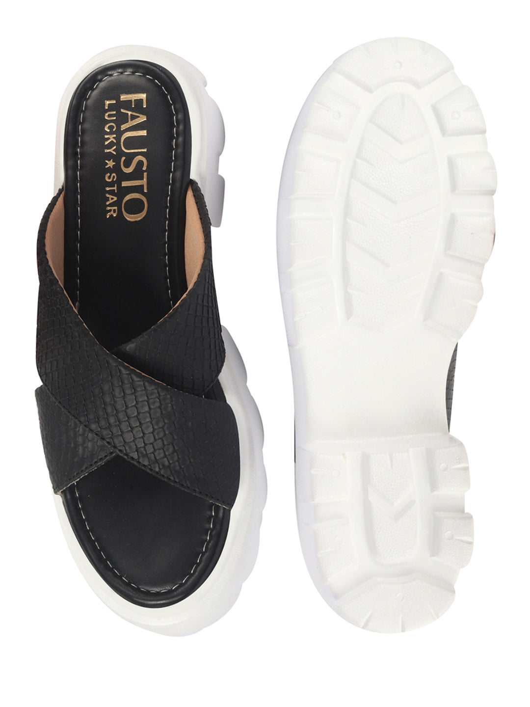 Shop FAUSTO Women Black Open Toe Cross Strap Textured Slip On Platform Heel Sandal With Cushioned Footbed|Height Enhancer Slippers Online.