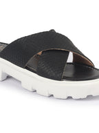 Shop FAUSTO Women Black Open Toe Cross Strap Textured Slip On Platform Heel Sandal With Cushioned Footbed|Height Enhancer Slippers Online.