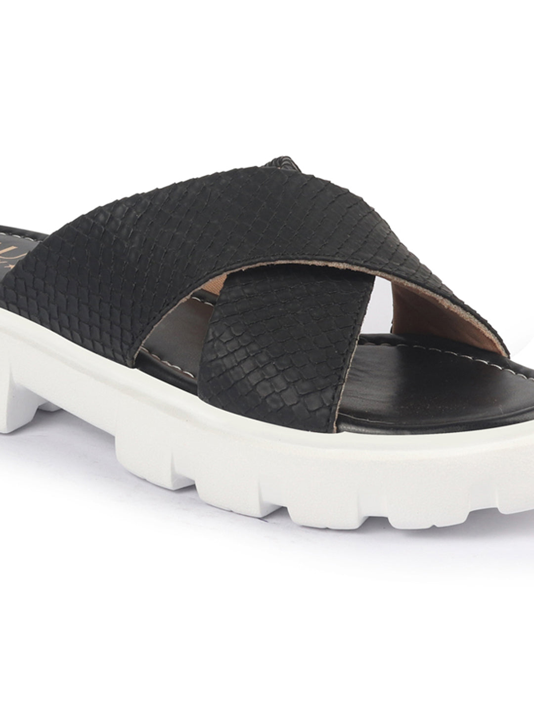 Shop FAUSTO Women Black Open Toe Cross Strap Textured Slip On Platform Heel Sandal With Cushioned Footbed|Height Enhancer Slippers Online.