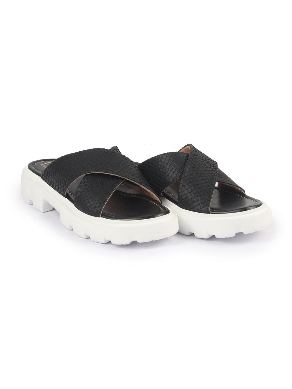 Shop FAUSTO Women Black Open Toe Cross Strap Textured Slip On Platform Heel Sandal With Cushioned Footbed|Height Enhancer Slippers Online.