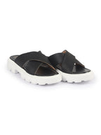 Shop FAUSTO Women Black Open Toe Cross Strap Textured Slip On Platform Heel Sandal With Cushioned Footbed|Height Enhancer Slippers Online.